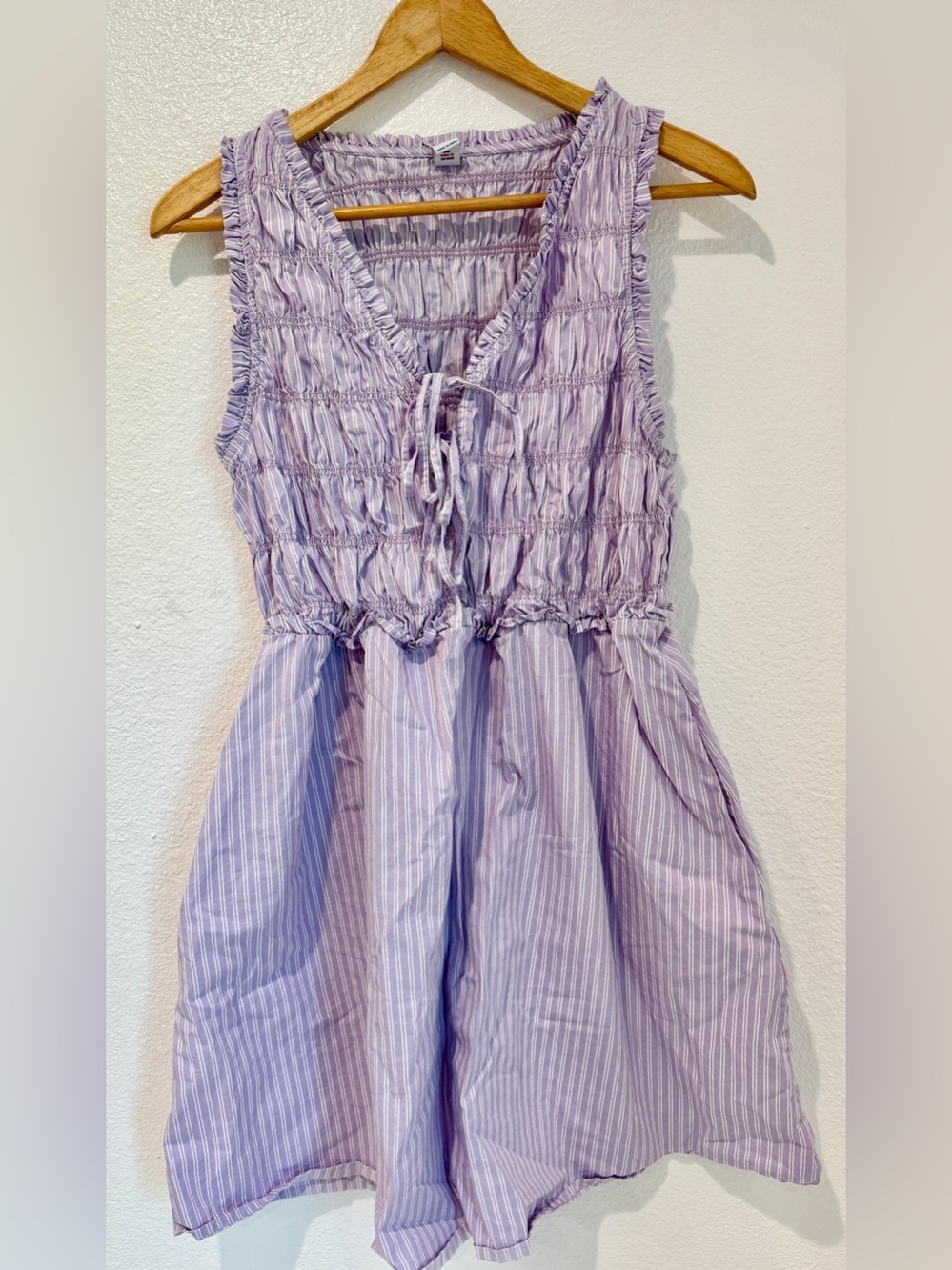 Old Navy Purple White Stripe 100% Cotton Smocked Tie Front Sundress Pockets L